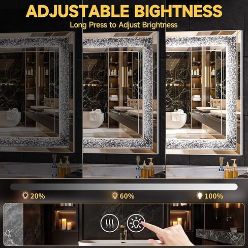 47" x 26" LED Diamond Wall Mirror with Dimming & Anti-Fog, Large Crystal Decorative Mirror for Bathroom, Bedroom, Living Room, Vertical or Horizontal Wall Mount in Kuwait