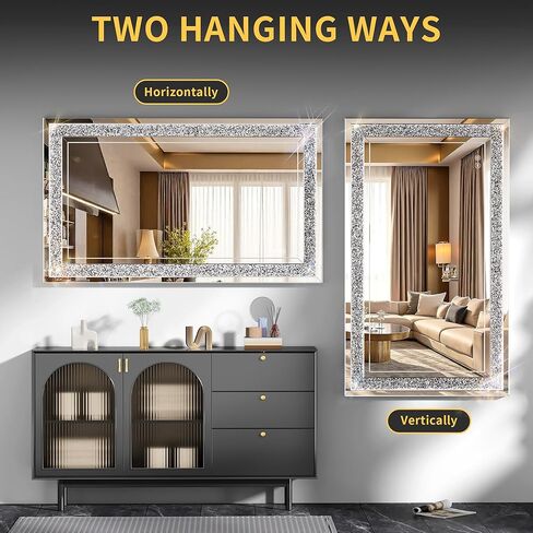 47" x 26" LED Diamond Wall Mirror with Dimming & Anti-Fog, Large Crystal Decorative Mirror for Bathroom, Bedroom, Living Room, Vertical or Horizontal Wall Mount in Kuwait
