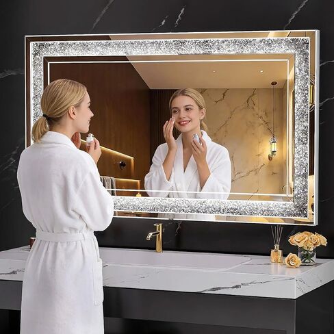 47" x 26" LED Diamond Wall Mirror with Dimming & Anti-Fog, Large Crystal Decorative Mirror for Bathroom, Bedroom, Living Room, Vertical or Horizontal Wall Mount in Kuwait