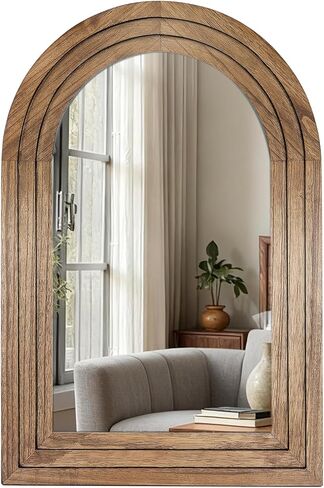 30"x20" Arched Wooden Frame Wall Mirror, Rustic Vanity Wall Mirror for Bathroom, Bedroom, Oak Color in Saudi Arabia