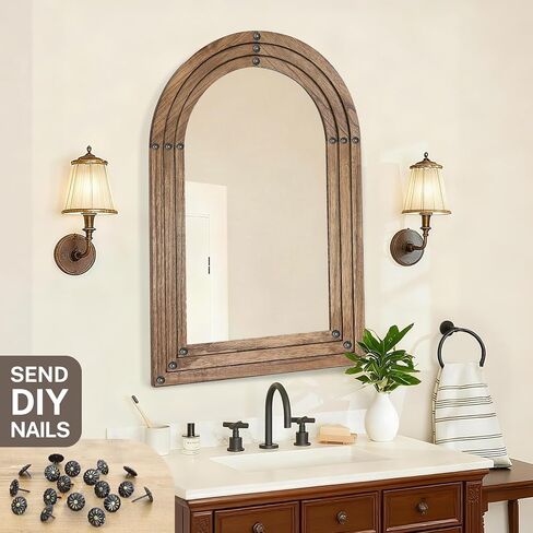 30"x20" Arched Wooden Frame Wall Mirror, Rustic Vanity Wall Mirror for Bathroom, Bedroom, Oak Color in Saudi Arabia