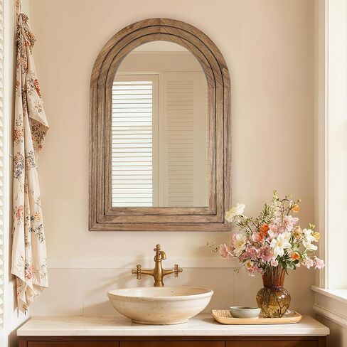 30"x20" Arched Wooden Frame Wall Mirror, Rustic Vanity Wall Mirror for Bathroom, Bedroom, Oak Color in Saudi Arabia