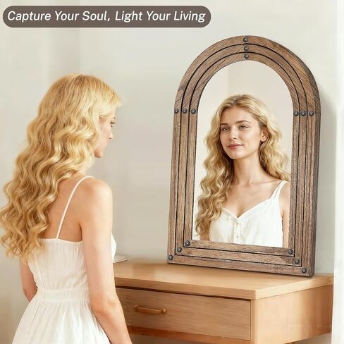 30"x20" Arched Wooden Frame Wall Mirror, Rustic Vanity Wall Mirror for Bathroom, Bedroom, Oak Color in Saudi Arabia