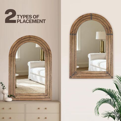 30"x20" Arched Wooden Frame Wall Mirror, Rustic Vanity Wall Mirror for Bathroom, Bedroom, Oak Color in Saudi Arabia