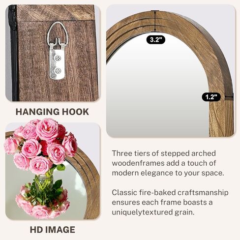 30"x20" Arched Wooden Frame Wall Mirror, Rustic Vanity Wall Mirror for Bathroom, Bedroom, Oak Color in Saudi Arabia