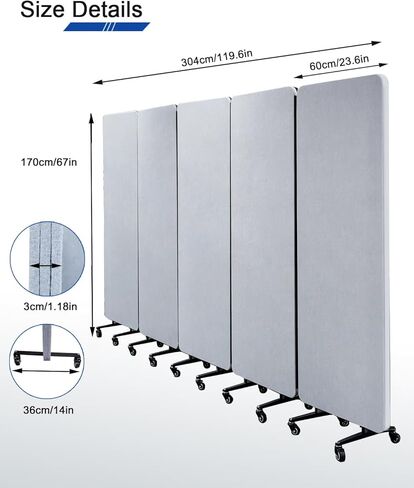 Acoustic Wall Partition， 118“ x 66“ Soundproof Room Divider with Wheels- 5 Panel Portable Privacy Partition, Freestanding Temporary Wall for Office, Studio, School, Hospital (5) in Saudi Arabia