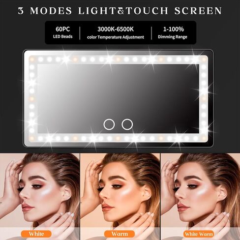 مرآة زينة بواقي من الشمس، مرآة مكياج للسيارة مع 3 أوضاع إضاءة و60 مصباح LED، شاشة تعمل باللمس قابلة لإعادة الشحن، ملحقات سيارة للنساء والفتيات، عالمية لسيارات الدفع الرباعي in Kuwait