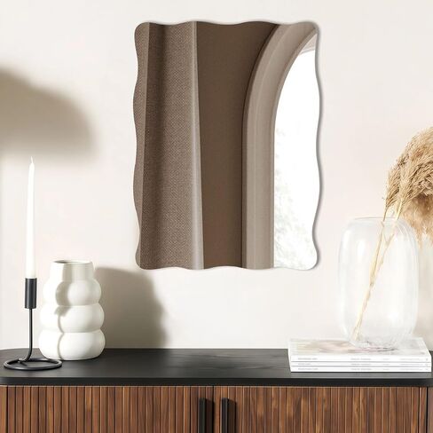 مرآة زجاجية متموجة مقاس 16 × 12 بوصة لديكور الحائط، مرآة حائط مستطيلة صغيرة بحواف متموجة وملصقات على الوجهين، مرآة مثبتة على الحائط على شكل صدفي للحمام وغرفة النوم وغرفة المعيشة والمدخل in Kuwait