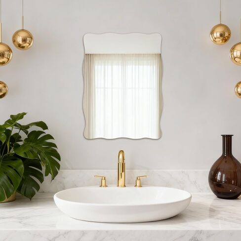 مرآة زجاجية متموجة مقاس 16 × 12 بوصة لديكور الحائط، مرآة حائط مستطيلة صغيرة بحواف متموجة وملصقات على الوجهين، مرآة مثبتة على الحائط على شكل صدفي للحمام وغرفة النوم وغرفة المعيشة والمدخل in Kuwait