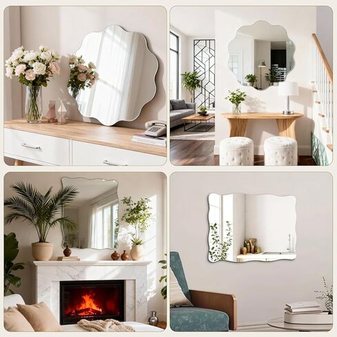 مرآة زجاجية متموجة مقاس 16 × 12 بوصة لديكور الحائط، مرآة حائط مستطيلة صغيرة بحواف متموجة وملصقات على الوجهين، مرآة مثبتة على الحائط على شكل صدفي للحمام وغرفة النوم وغرفة المعيشة والمدخل in Kuwait