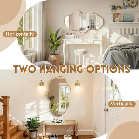 مرآة حائط غير منتظمة، مرآة مجردة متموجة للحمام الذهبي فوق الحوض، مرآة حائط مزخرفة على شكل سحابة، مرآة أنيقة عالية الدقة مقاومة للكسر لغرفة النوم، المدخل (22 بوصة × 36 بوصة، صغيرة، عبوة واحدة) in Kuwait