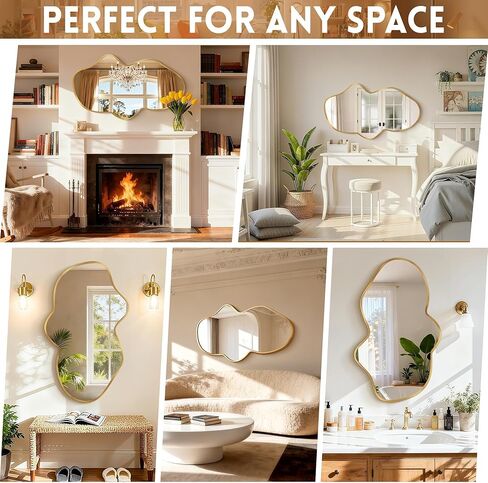 مرآة حائط غير منتظمة، مرآة مجردة متموجة للحمام الذهبي فوق الحوض، مرآة حائط مزخرفة على شكل سحابة، مرآة أنيقة عالية الدقة مقاومة للكسر لغرفة النوم، المدخل (22 بوصة × 36 بوصة، صغيرة، عبوة واحدة) in Kuwait