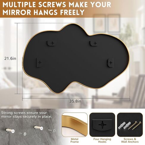 مرآة حائط غير منتظمة، مرآة مجردة متموجة للحمام الذهبي فوق الحوض، مرآة حائط مزخرفة على شكل سحابة، مرآة أنيقة عالية الدقة مقاومة للكسر لغرفة النوم، المدخل (22 بوصة × 36 بوصة، صغيرة، عبوة واحدة) in Kuwait