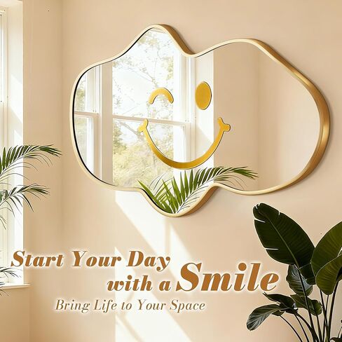 مرآة حائط غير منتظمة، مرآة مجردة متموجة للحمام الذهبي فوق الحوض، مرآة حائط مزخرفة على شكل سحابة، مرآة أنيقة عالية الدقة مقاومة للكسر لغرفة النوم، المدخل (22 بوصة × 36 بوصة، صغيرة، عبوة واحدة) in Kuwait