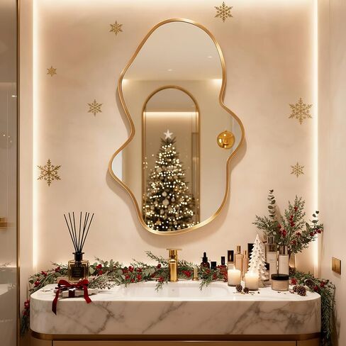 مرآة حائط غير منتظمة، مرآة مجردة متموجة للحمام الذهبي فوق الحوض، مرآة حائط مزخرفة على شكل سحابة، مرآة أنيقة عالية الدقة مقاومة للكسر لغرفة النوم، المدخل (22 بوصة × 36 بوصة، صغيرة، عبوة واحدة) in Kuwait