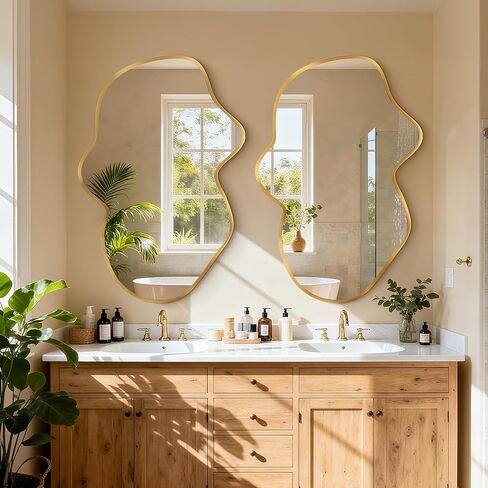 مرآة حائط غير منتظمة، مرآة مجردة متموجة للحمام الذهبي فوق الحوض، مرآة حائط مزخرفة على شكل سحابة، مرآة أنيقة عالية الدقة مقاومة للكسر لغرفة النوم، المدخل (22 بوصة × 36 بوصة، صغيرة، عبوة واحدة) in Kuwait