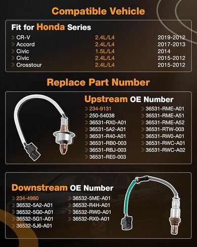 234-9131, 234-4980 O2 Oxygen Sensor Upstream and Downstream Compatible with Honda 2.4L/L4 CR-V 2012-2019, Accord 2013-2017, Civic, Crosstour 2012-2015/Civic 1.5L/L4 2014 in Saudi Arabia