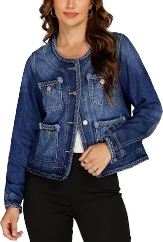 Ladyful Braided Trim Denim Jacket for Women Collarless Button Down Long Sleeve Cropped Jean Coat Outerwear in Saudi Arabia