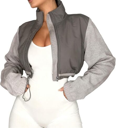 Womens Short Jacket Stand Collar Cropped Drawstring Zipper Fleece Lining Casual Going Out Jacket in Saudi Arabia