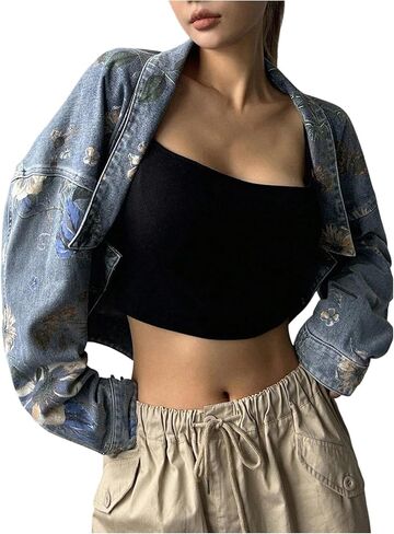 WDIRARA Women's Floral Print Open Front Cropped Denim Jacket Y2k Long Sleeve Jean Coat in Saudi Arabia