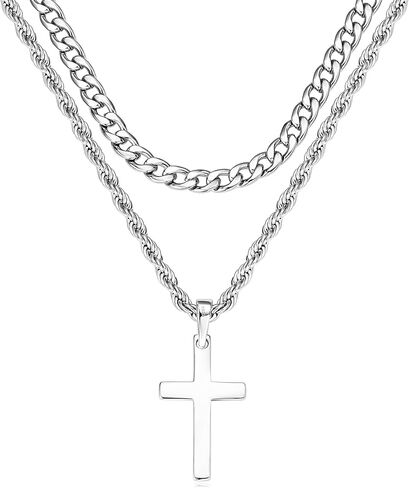 925 Sterling Silver Layered Cross Necklace for Men 18K White Gold Plated Pendant Necklace Stainless Steel Cuban Link Twist Chain Jewelry Gifts Cross Chain Necklace for Men 18-26 inches in Saudi Arabia