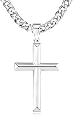 925 Sterling Silver Cross Necklace for Men Women 5mm Stainless Steel Diamond Cut Durable Cuban Link Curb Chain 18K White Gold Plated Beveled Edge Crucifix Pendant Necklace Jewelry 18-30 Inches in Saudi Arabia