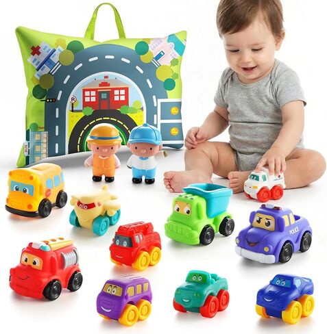 ALASOU 12 PCS Soft Rubber Car Toys for 1 Year Old Boy with Playmat/Storage Bag|1 Year Old Boy Gifts|1st Birthday Gifts for Toddler Toys Age 1-2|Baby Toys 12-18 Months in Kuwait
