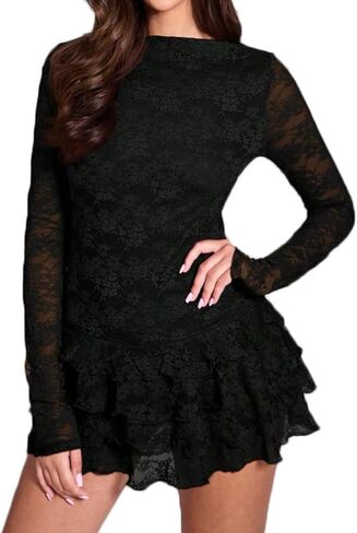 فستان نسائي قصير بياقة قارب ودانتيل مزين بالزهور وحاشية مكشكشة وطبقات، فستان قصير بقصة ضيقة وأكمام طويلة لحفلات الكوكتيل على شكل حرف A in Kuwait