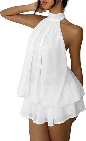 Women's Chiffon Halter Drop Waist Mini Dress Wedding Guest Dresses Ruffle Formal Holiday Club Brunch Outfits in Kuwait