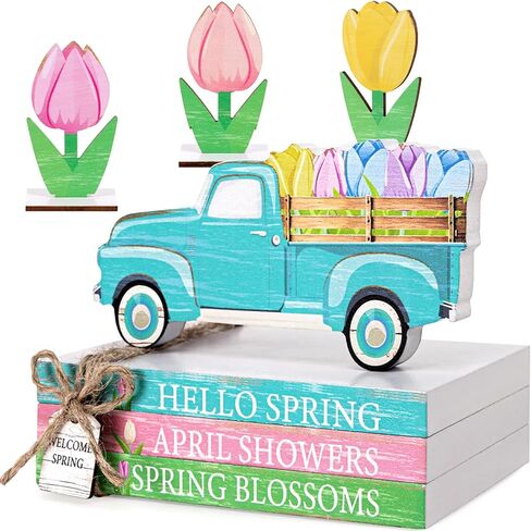 7 قطعة طاولة خشبية ربيعية لتزيين قطع مركزية للمنزل، علامات منضدية عيد الفصح توليب على شكل صينية متدرجة ديكور حفلات للرف in Kuwait