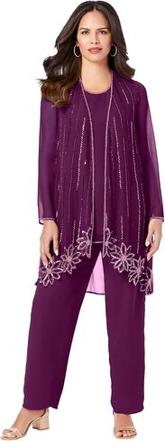 Roaman's Women's Plus Size Plus-Size Long Sleeve Floral Beaded Georgette Three-Piece Pant Set in Saudi Arabia