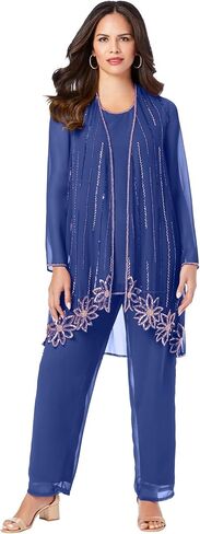 Roaman's Women's Plus Size Plus-Size Long Sleeve Floral Beaded Georgette Three-Piece Pant Set in Saudi Arabia