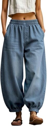 chouyatou Women's Boyfriend Loose Jeans Elastic Waist Wide Leg Palazzo Lantern Harem Pants with Pockets in Saudi Arabia
