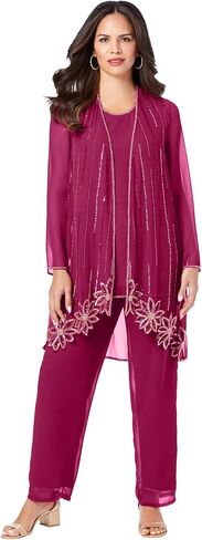 Roaman's Women's Plus Size Plus-Size Long Sleeve Floral Beaded Georgette Three-Piece Pant Set in Saudi Arabia
