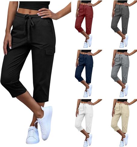 Womens Capri Pants Casual Drawstring Elastic Waist Cropped Pant Lightweight Cargo Capris with Pockets for Hiking in Kuwait