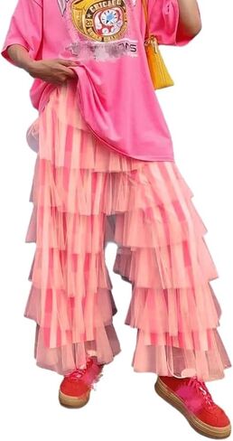 سراويل نسائية من التول مكشكشة ذات طبقات كاجوال، سراويل مرنة شبكية مطبوعة مخططة لملابس الشارع اليومية in Kuwait