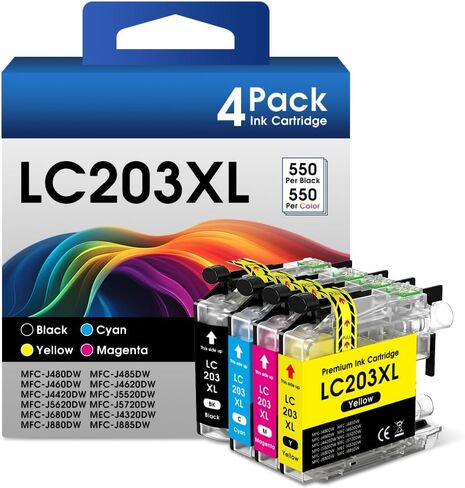 خراطيش حبر LC203XL بديلة لطابعة Brother LC203 XL LC201 LC203BK تعمل لطابعة Brother MFC-J480DW MFC-J485DW MFC-J460DW MFC-J4620DW MFC-J4420DW (BK/C/M/Y، 4 عبوات) in Saudi Arabia