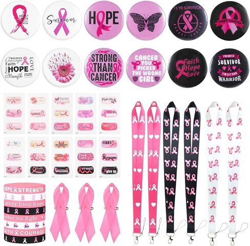 78 Pcs Breast Cancer Awareness Accessories, Breast Cancer Awareness Gifts Set Include Pink Ribbon Pins Rubber Bracelets Buttons Badges Lanyard Stickers for Breast Cancer Charity Event Party Supplies in Kuwait
