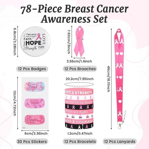 78 Pcs Breast Cancer Awareness Accessories, Breast Cancer Awareness Gifts Set Include Pink Ribbon Pins Rubber Bracelets Buttons Badges Lanyard Stickers for Breast Cancer Charity Event Party Supplies in Kuwait
