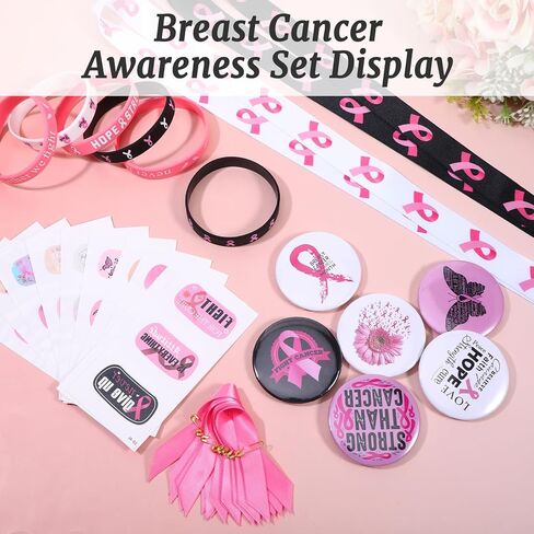 78 Pcs Breast Cancer Awareness Accessories, Breast Cancer Awareness Gifts Set Include Pink Ribbon Pins Rubber Bracelets Buttons Badges Lanyard Stickers for Breast Cancer Charity Event Party Supplies in Kuwait