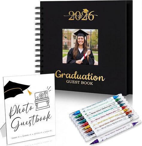 12 Pcs 2026 Graduation Guest Book with Photo Sign Decor 80 Pages Class of 2026 Scrapbook Photo Album with 10 DIY Dual Tip Metallic Markers Pens Gift, Exclude Camere(Graduation Cap,Black,10.4 Inches) in Kuwait