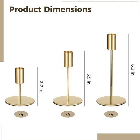 12 قطعة من حوامل الشموع الذهبية - حوامل شمعدان ذهبية معدنية مستدقة لتزيين عصا الشموع للطاولة أو القطعة المركزية للرف، الزفاف، الطعام، ديكور المنزل للحفلات، 3 أحجام in Kuwait