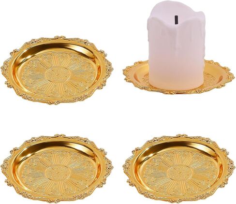 GLOBLELAND 4 Pcs 3" Vintage Round Metal Candle Holder Plate Gold Candle Holder Trays Iron Jewelry Plates Decorative Iron Plate for Pillar Scented Flameless Ball Candles in Saudi Arabia