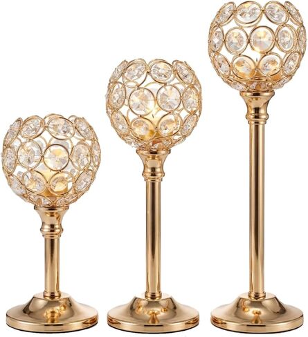 Candle Holder Candlestick Holders- 1Set Gold Crystal Pillar Candle Holders,Metal Candlestick Stands for Wedding Centerpieces,Table Decor for Church,Valentine's Day Housewarming Gift,3Pcs in Saudi Arabia