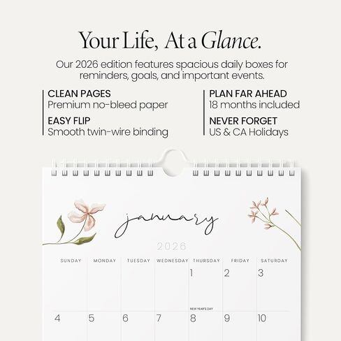 Karto Large-Print Wall Calendar 2026 - Vertical 11x17 inch January 2026 to June 2027 - Big, Easy-to-Read Dates for Senior, Elderly - Flowers in Saudi Arabia