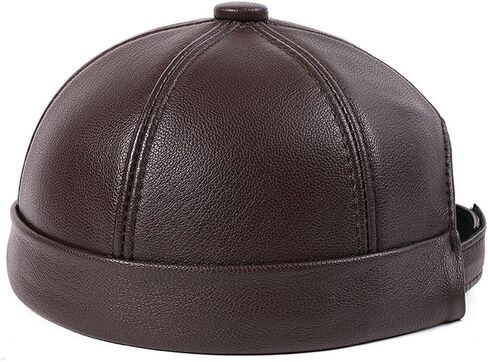 Real Leather Retro Hat Men's Leather Skullcap Rolled Cuff Brimless Caps Thin Round Caps Sheepskin Cap for Men in Kuwait