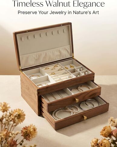 صندوق مجوهرات خشبي من خشب الجوز الأسود - منظم مجوهرات كبير من 3 طبقات مع بطانة مخملية، حقيبة تخزين خشبية مصنوعة يدويًا للقلائد والخواتم والأقراط - هدية رائعة لعيد الحب والذكرى السنوية in Kuwait