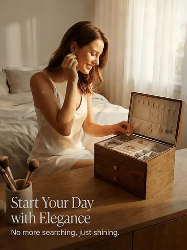 صندوق مجوهرات خشبي من خشب الجوز الأسود - منظم مجوهرات كبير من 3 طبقات مع بطانة مخملية، حقيبة تخزين خشبية مصنوعة يدويًا للقلائد والخواتم والأقراط - هدية رائعة لعيد الحب والذكرى السنوية in Kuwait