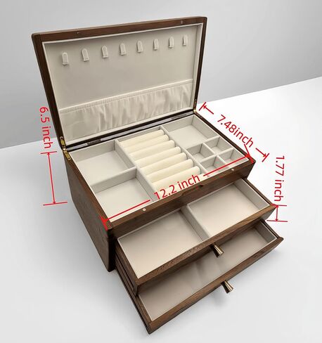 صندوق مجوهرات خشبي من خشب الجوز الأسود - منظم مجوهرات كبير من 3 طبقات مع بطانة مخملية، حقيبة تخزين خشبية مصنوعة يدويًا للقلائد والخواتم والأقراط - هدية رائعة لعيد الحب والذكرى السنوية in Kuwait
