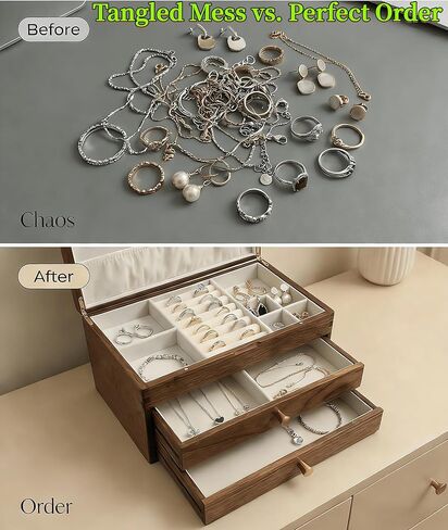 صندوق مجوهرات خشبي من خشب الجوز الأسود - منظم مجوهرات كبير من 3 طبقات مع بطانة مخملية، حقيبة تخزين خشبية مصنوعة يدويًا للقلائد والخواتم والأقراط - هدية رائعة لعيد الحب والذكرى السنوية in Kuwait